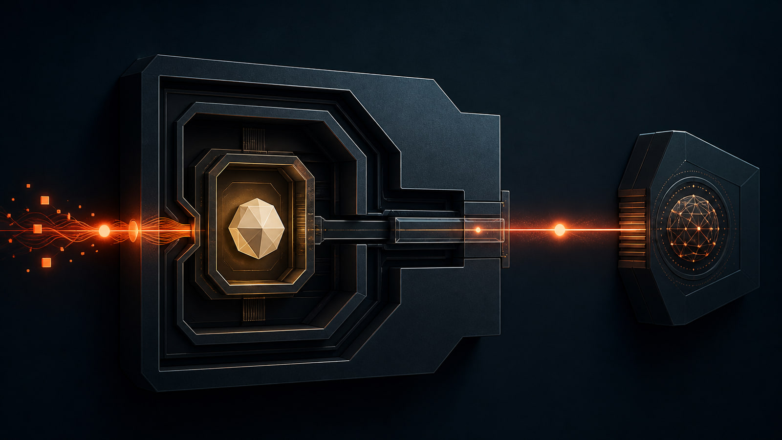A credential token sealed inside a server gateway while an authorized request travels to an external API.
