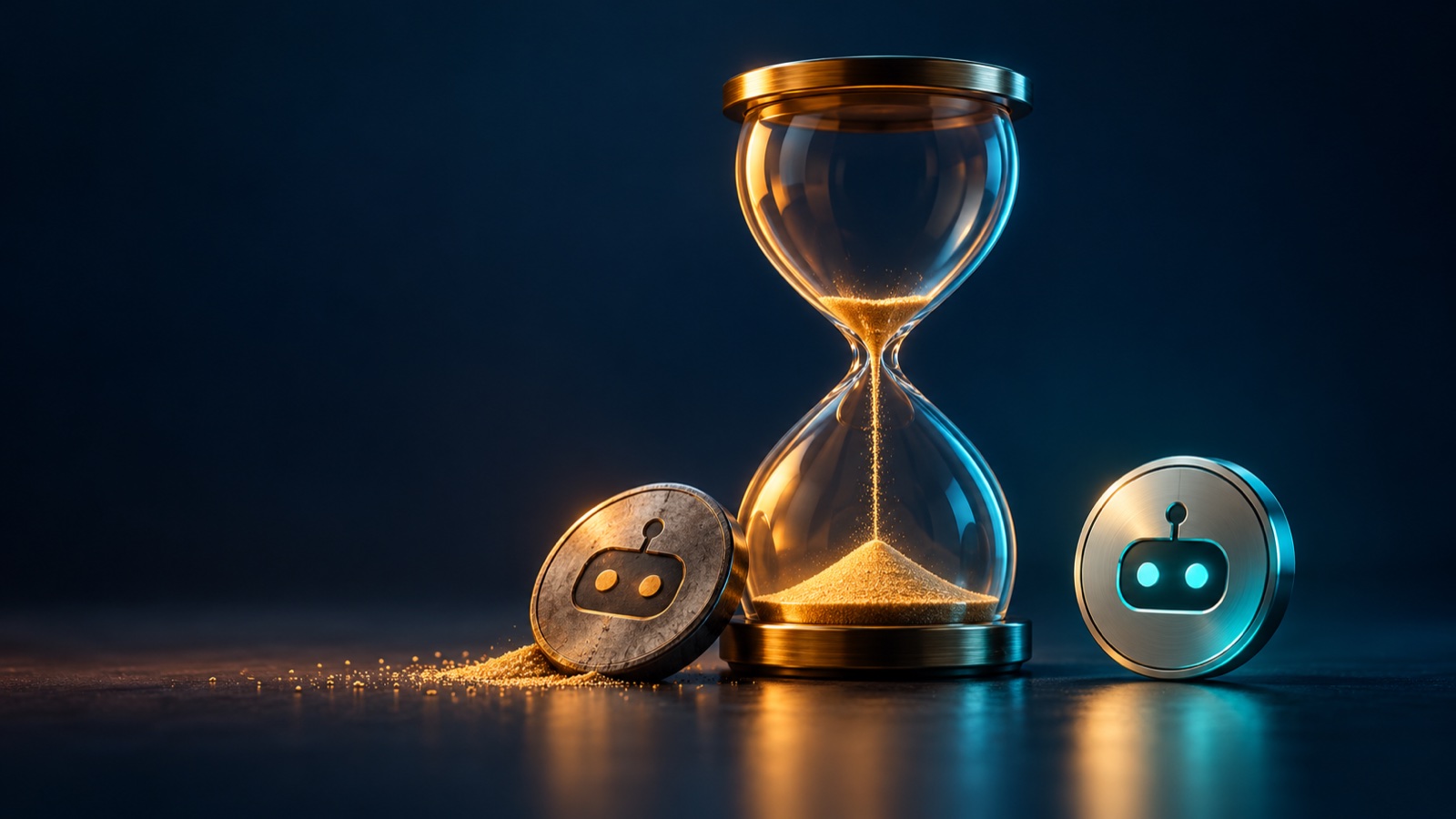 A small metal credential token nears the end of an amber hourglass while a replacement token waits nearby.
