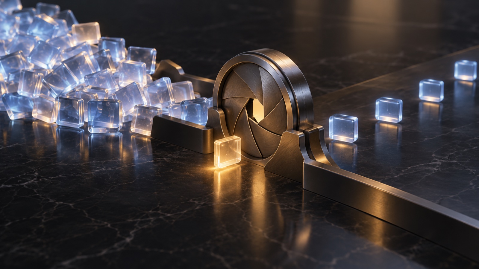 A cluster of glass request tiles waits at a metering aperture while evenly spaced tiles pass through.
