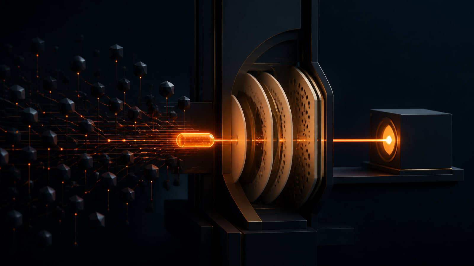 Abstract orange request capsule passing through a narrow policy gate toward one API endpoint on a dark background.