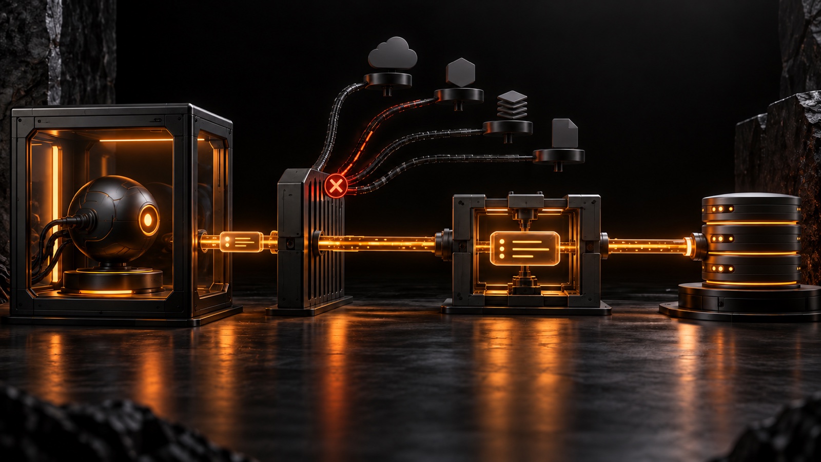 A sandboxed AI agent sends one request through a network gate and a separate transaction gate while unapproved upload routes are blocked.