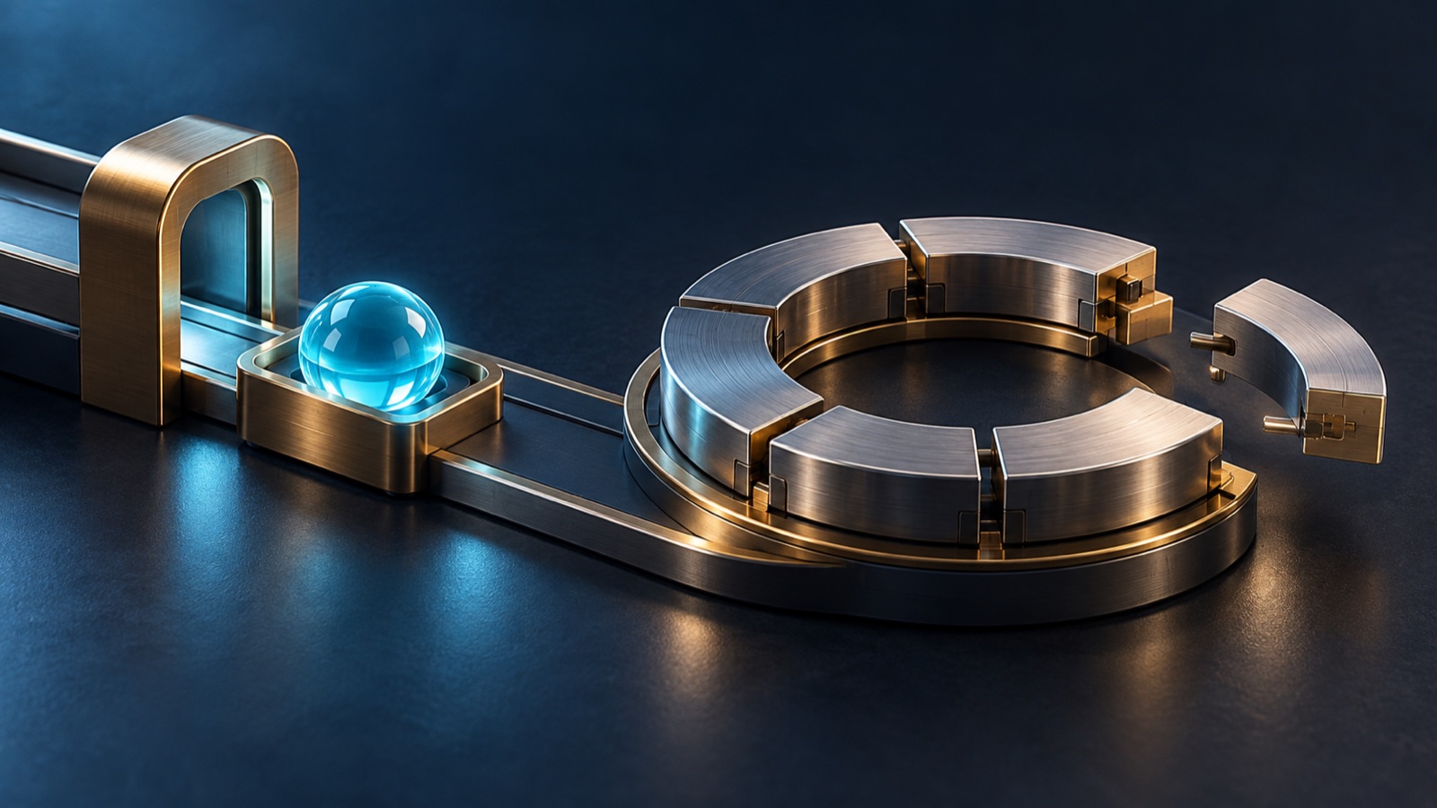 A cyan request token rests beyond an intake gate while a downstream metal ring still awaits its final segment.