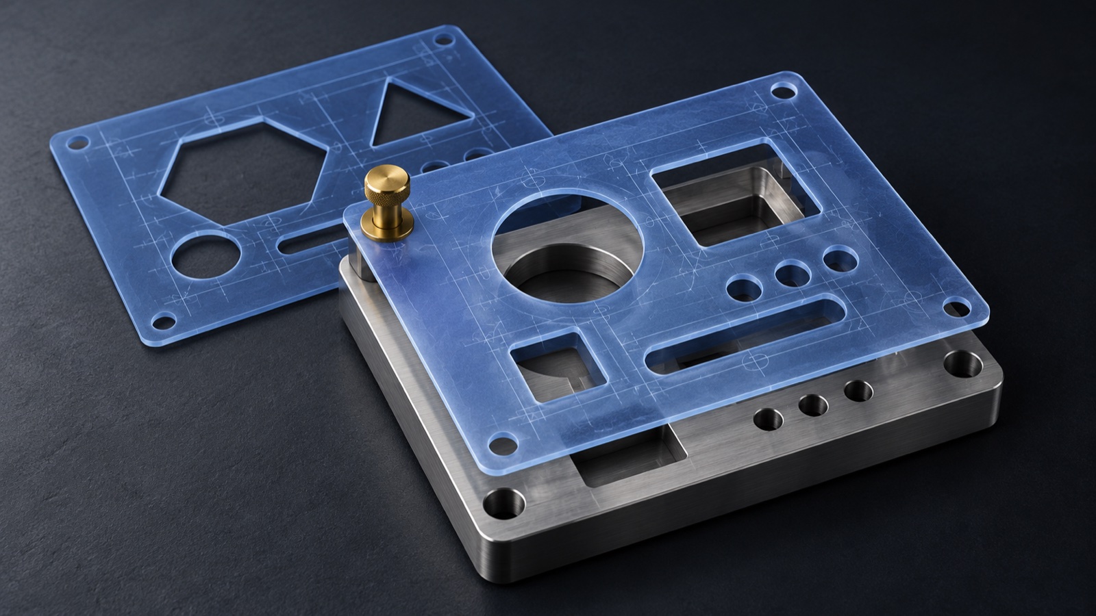 A brass pin secures a blue contract template to a matching metal plate while a different template remains unselected.