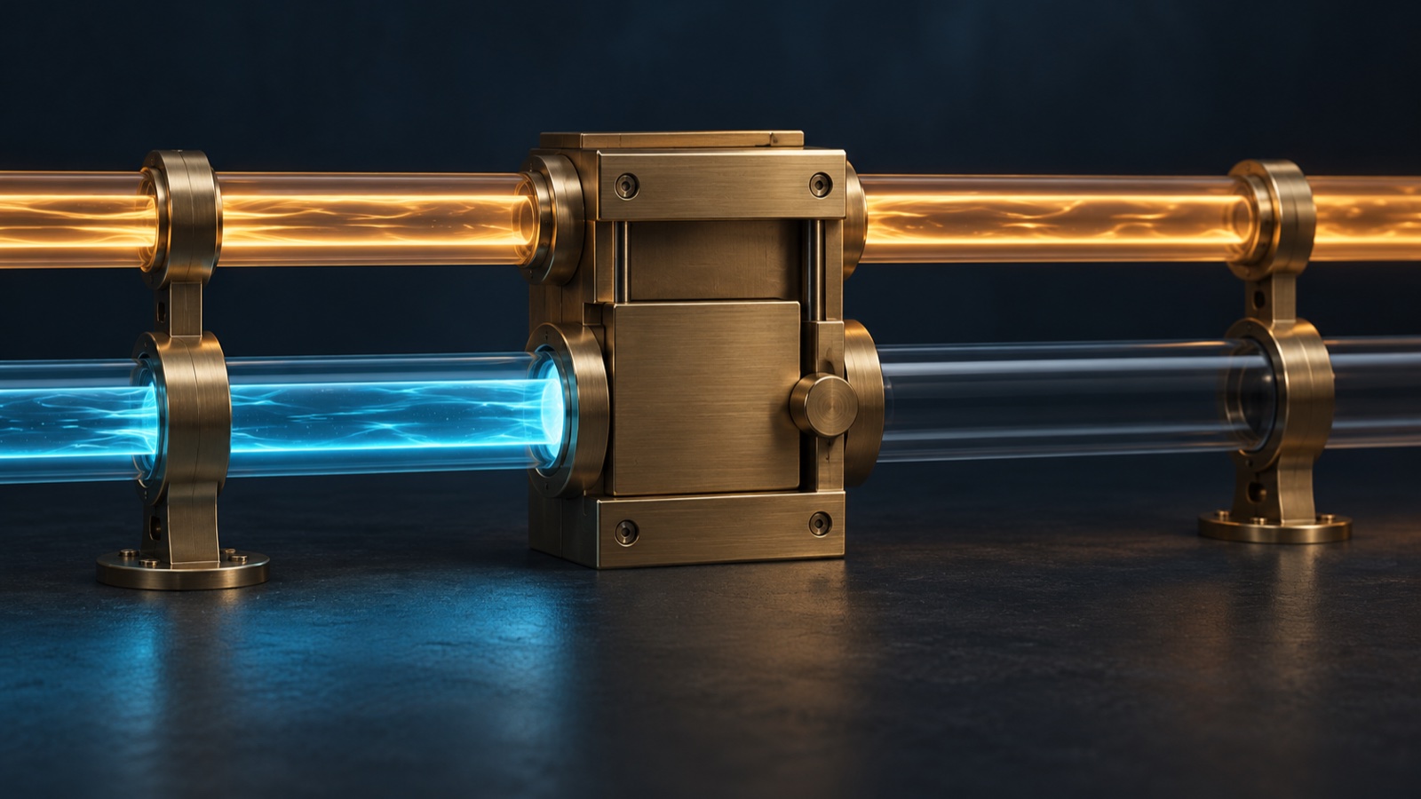 A closed brass shutter blocks one cyan channel while a second amber channel remains open, with both connections intact.