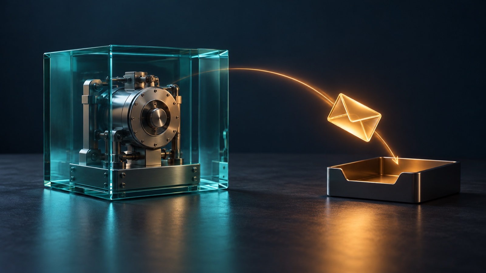 An amber notification envelope travels toward a receiving tray beside an untouched mechanism enclosed in teal glass.